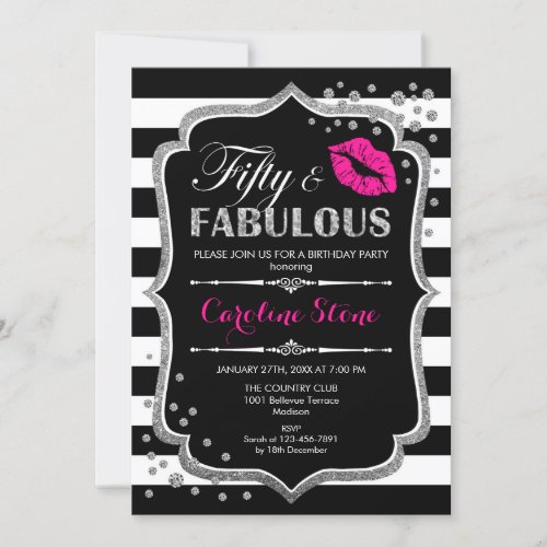 50th Birthday _ Fifty Fabulous Black Pink Silver Invitation