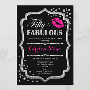 50th Birthday - Fifty Fabulous Black Pink Silver Invitation