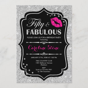 50th Birthday - Fifty Fabulous Black Pink Silver Invitation
