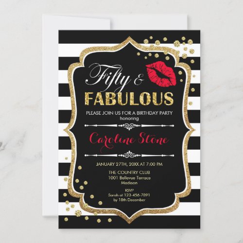 50th Birthday _ Fifty Fabulous Black Red Gold Invitation