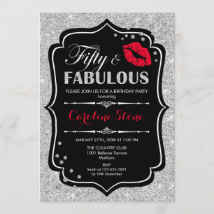 50th Birthday - Fifty Fabulous Black Red Silver Invitation