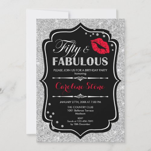 50th Birthday _ Fifty Fabulous Black Red Silver Invitation