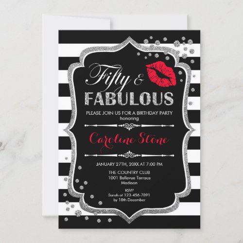 50th Birthday _ Fifty Fabulous Black Red Silver Invitation