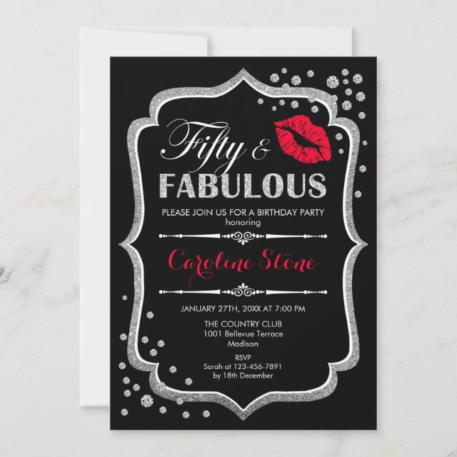 50th Birthday - Fifty Fabulous Black Red Silver Invitation (Front)