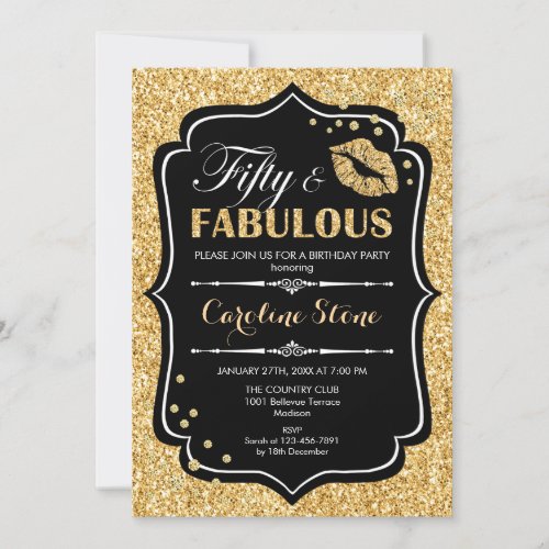 50th Birthday _ Fifty Fabulous Gold Black Invitation