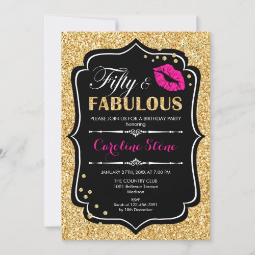 50th Birthday _ Fifty Fabulous Gold Black Pink Invitation