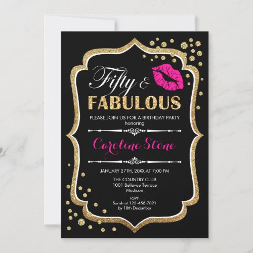 50th Birthday _ Fifty Fabulous Gold Black Pink Invitation