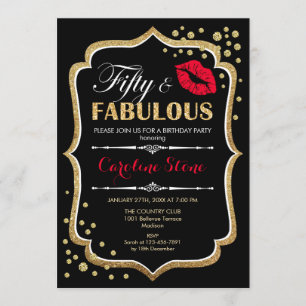 50th Birthday - Fifty Fabulous Gold Black Red Invitation