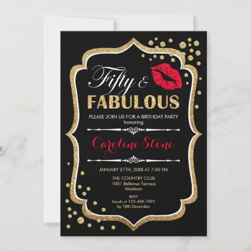 50th Birthday _ Fifty Fabulous Gold Black Red Invitation