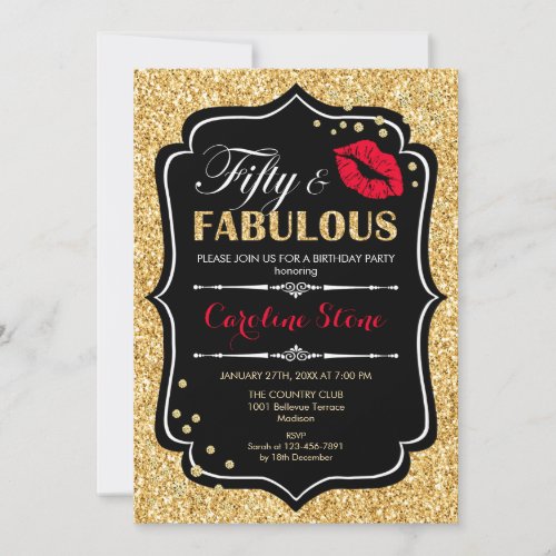50th Birthday _ Fifty Fabulous Gold Black Red Invitation
