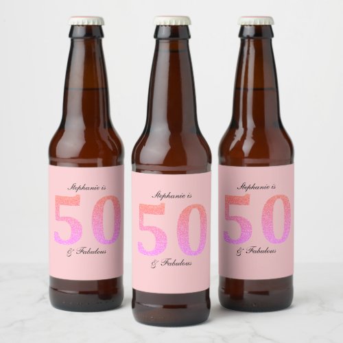 50th Birthday Fifty Fabulous Name Pink Glitter Beer Bottle Label