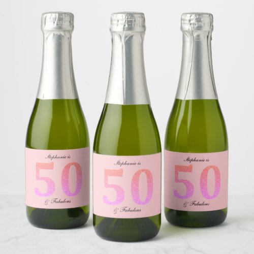 50th Birthday Fifty Fabulous Name Pink Glitter Sparkling Wine Label