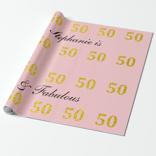 50th Birthday Fifty Fabulous Pink Gold Glitter Wrapping Paper