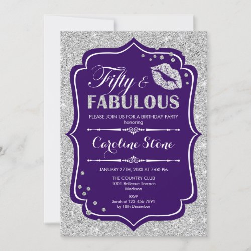 50th Birthday _ Fifty Fabulous Purple Silver Invitation