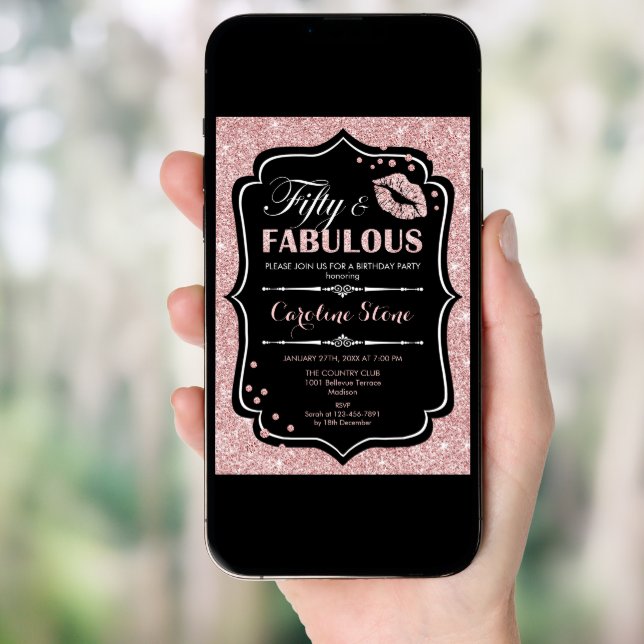 50th Birthday - Fifty Fabulous Rose Gold Black Invitation (Front Digital)