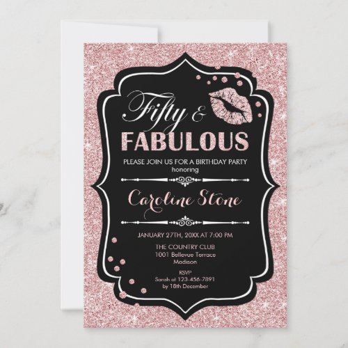 50th Birthday _ Fifty Fabulous Rose Gold Black Invitation