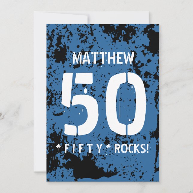 50th Birthday Fifty Rocks BLUE Grunge Pattern F50Z Invitation (Front)