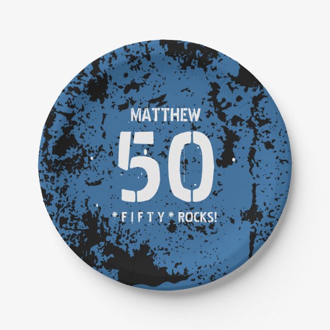 50th Birthday Fifty Rocks BLUE Grunge Pattern F50Z Paper Plates (Front)