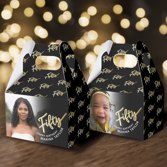 50th birthday Fifty script gold black photo  Favor Boxes (Creator Uploaded)