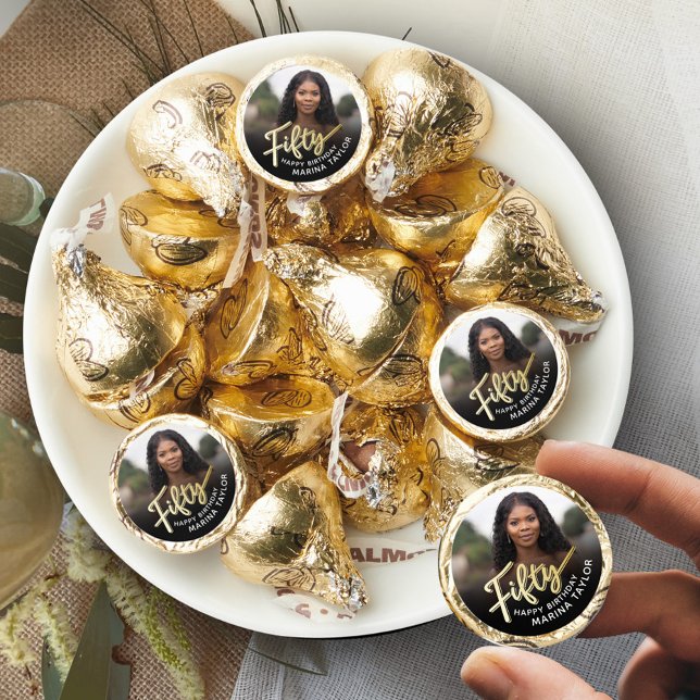 50th birthday Fifty script gold black photo  Hershey®'s Kisses® (Creator Uploaded)