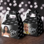 50th birthday Fifty script silver black photo  Favor Boxes<br><div class="desc">Fifty silver script and silver effect two sided photo party favor boxes. Personalize this 50th birthday party script photo favor box with your own birthday girls name and two photos of your birthday girl or boy one on each side. Other years and matching items are available and can be created...</div>