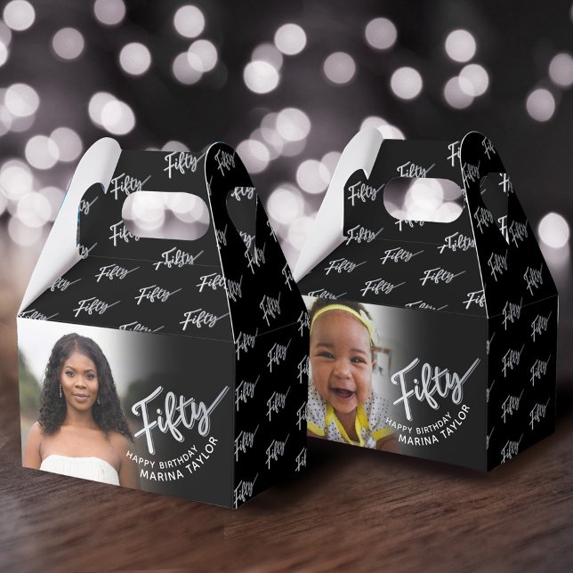 50th birthday Fifty script silver black photo  Favor Boxes (Creator Uploaded)