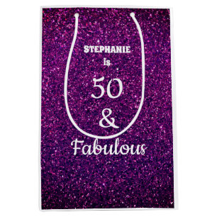 50th Birthday Fifty Years Old Purple Pink Glitter  Medium Gift Bag