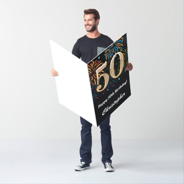 50th Birthday Fireworks Black and Gold Extra Large Card (In Situ)