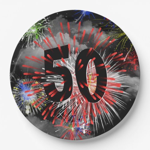 50th Birthday Fireworks In Clouds Paper Plate