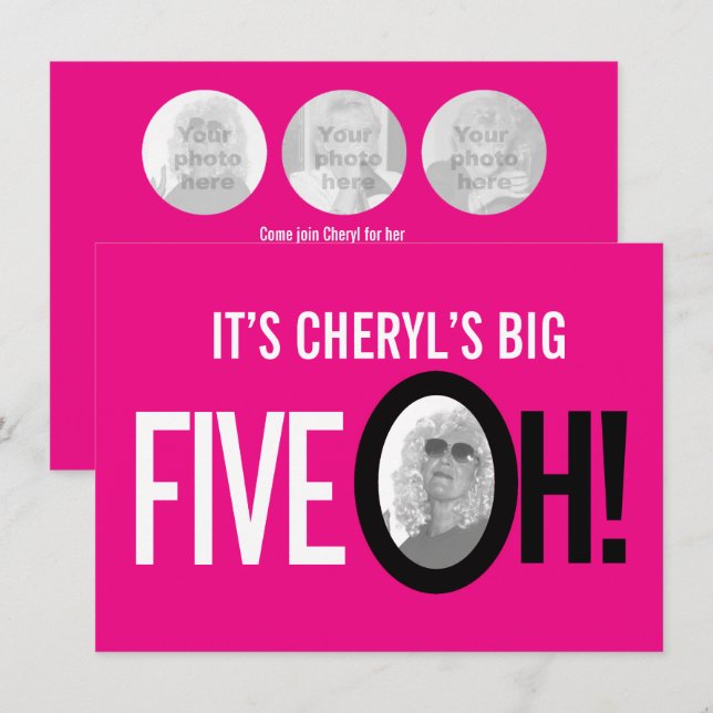 50th birthday FIVE OH! photo pink retro landscape Invitation (Front/Back)