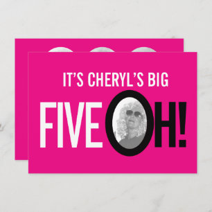 50th birthday FIVE OH! photo pink retro landscape Invitation