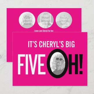 50th birthday FIVE OH! photo pink retro landscape Invitation