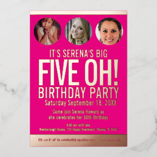 50th Birthday five oh pink gold foil photo circles Invitation