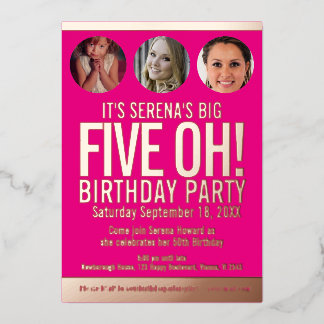 50th Birthday five oh pink gold foil photo circles Invitation
