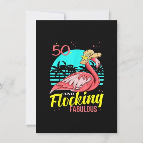 50th Birthday Flamingo In A Hat Palm Tree Sunset Invitation