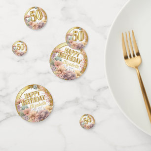 50th Birthday - Floral and Gold Confetti