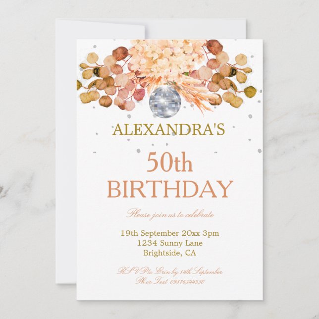 50th Birthday Floral Disco  Invitation (Front)