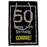 [ Thumbnail: 50th Birthday: Floral Flowers Number, Custom Name Gift Bag ]