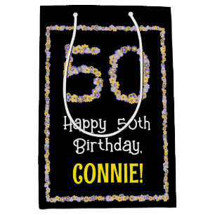 50th Birthday: Floral Flowers Number, Custom Name Medium Gift Bag