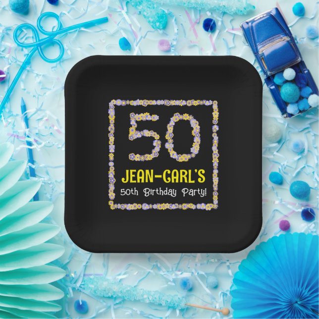 50th Birthday: Floral Flowers Number, Custom Name Paper Plates (Party)