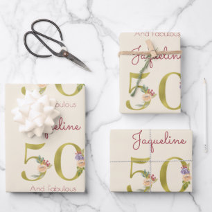 50th Birthday Floral Gold Elegant Chic Feminine Wrapping Paper Sheets