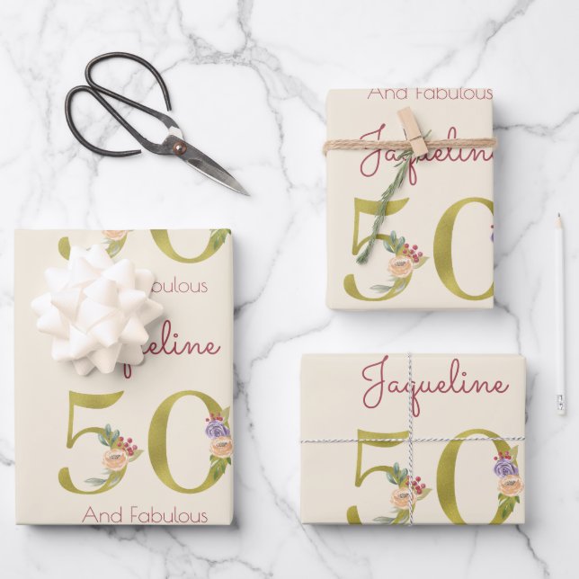 50th Birthday Floral Gold Elegant Chic Feminine Wrapping Paper Sheets (Front)