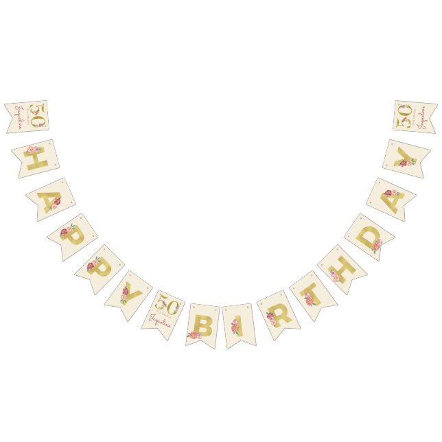 50th Birthday Floral Gold Elegant Feminine Bunting Flags (All)