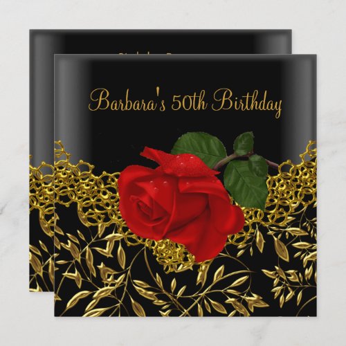 50th Birthday Floral Lace Black Gold RED Rose Invitation