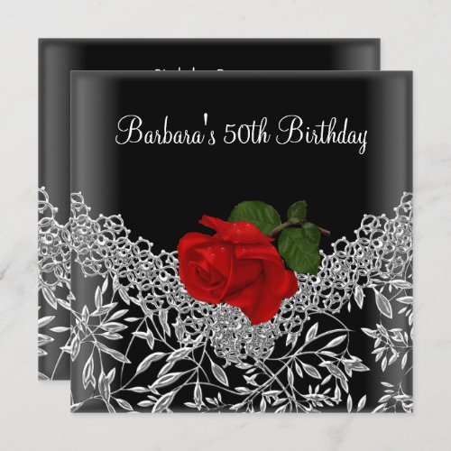 50th Birthday Floral Lace Black Silver RED Rose Invitation