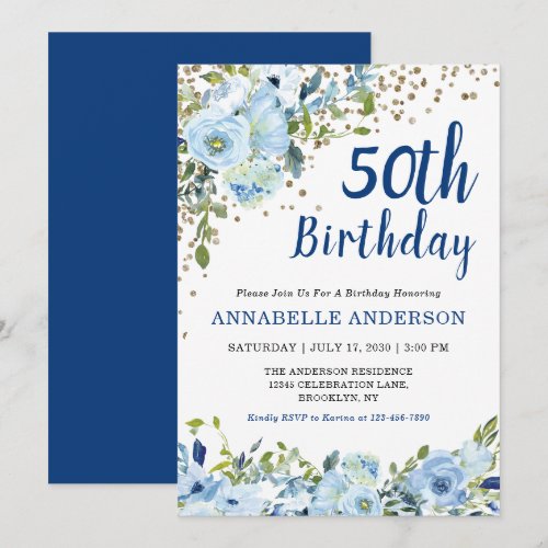 50th Birthday Floral Navy Blue Gold Glitter Dots