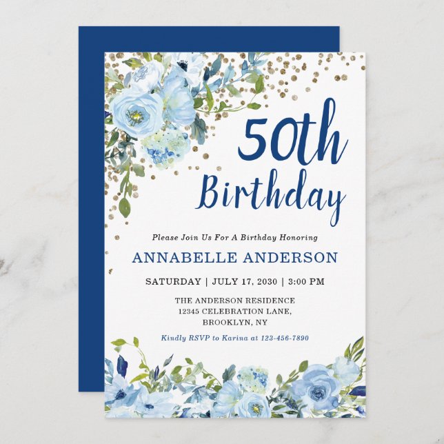 50th Birthday Floral Navy Blue Gold Glitter Dots Invitation (Front/Back)