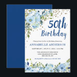 50th Birthday Floral Navy Blue Gold Glitter Dots Invitation<br><div class="desc">50th Birthday Navy Blue Script Floral Watercolor Gold Confetti Glitter Dots Invitation
The design features beautiful watercolor light blue and green florals.</div>
