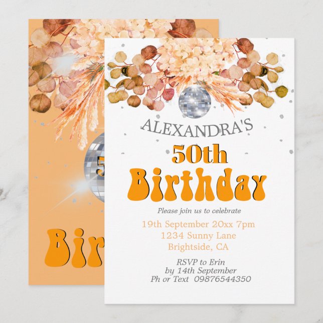 50th Birthday Floral Orange Disco Ball Invitation (Front/Back)