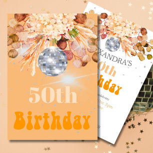 50Th Birthday Floral Orange Disco Ball Invitation